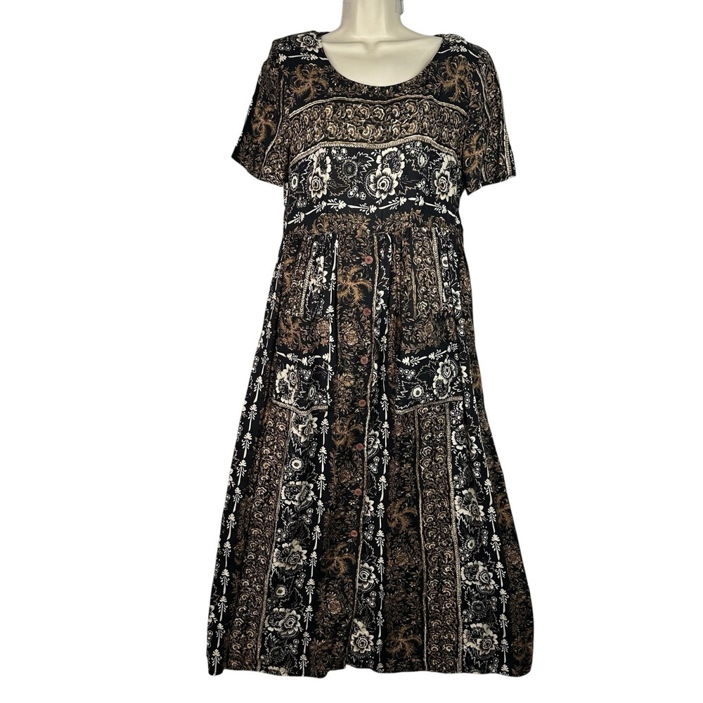 All That Jazz Boho Patchwork Maxi Dress Empire Waist Pockets Tie Back Rayon